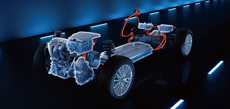 Bestandteile des Mitsubishi Plug-in-Hybrid-Antriebs, der Fahrbatterie und der Räder